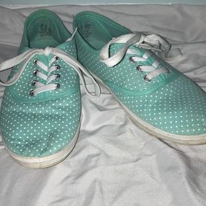 Teal Flat Sneakers with White Polka Dots